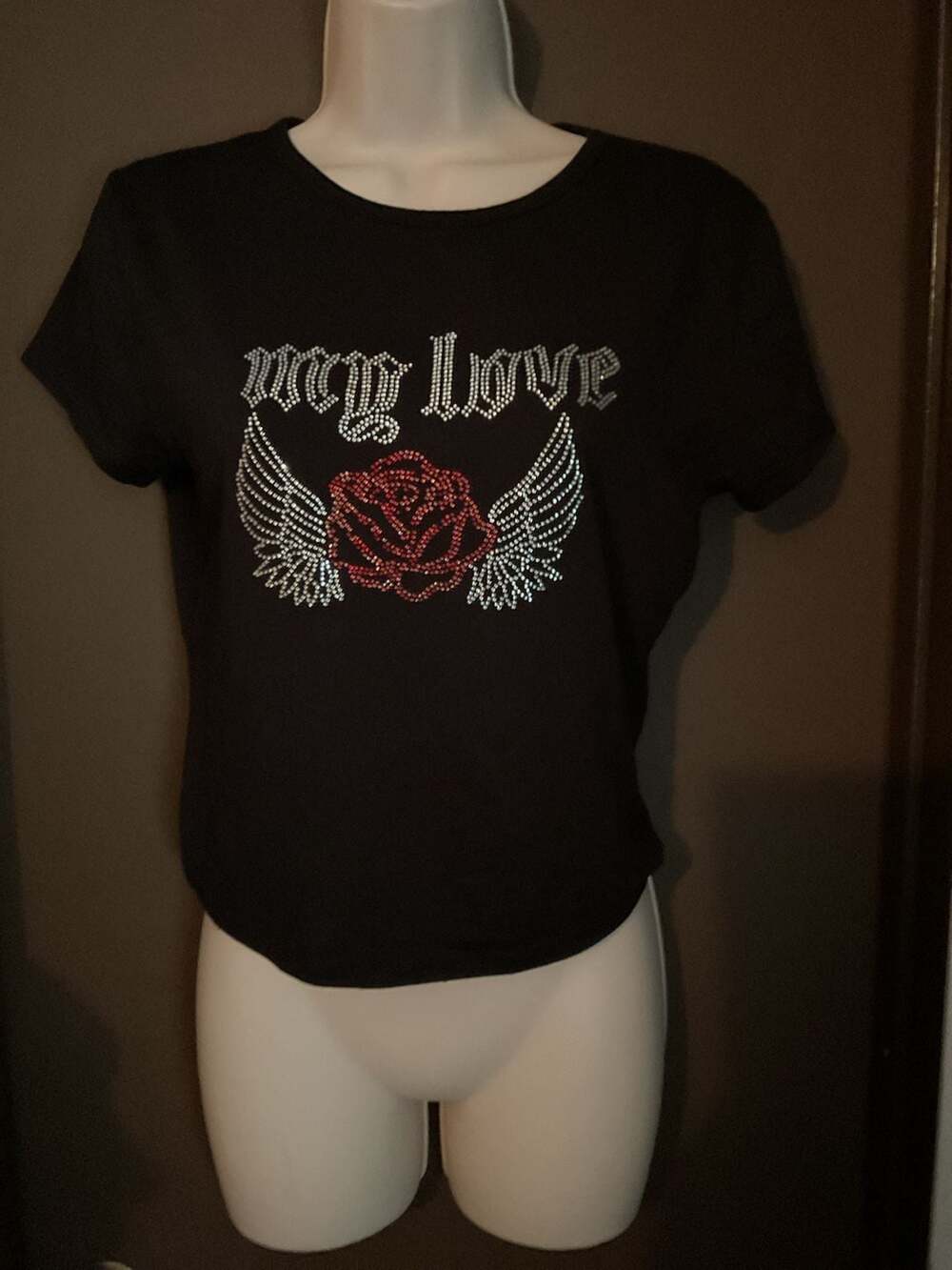 rue21 Black Short Sleeve T-Shirt with My Love Rhinestone Rose and Wings Graphic